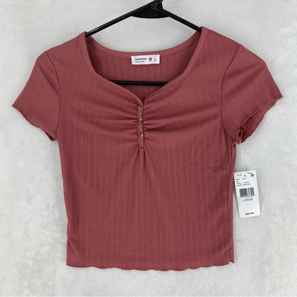 Beautees Shirt Girls Large 14 Ruffled Henley Button Top New